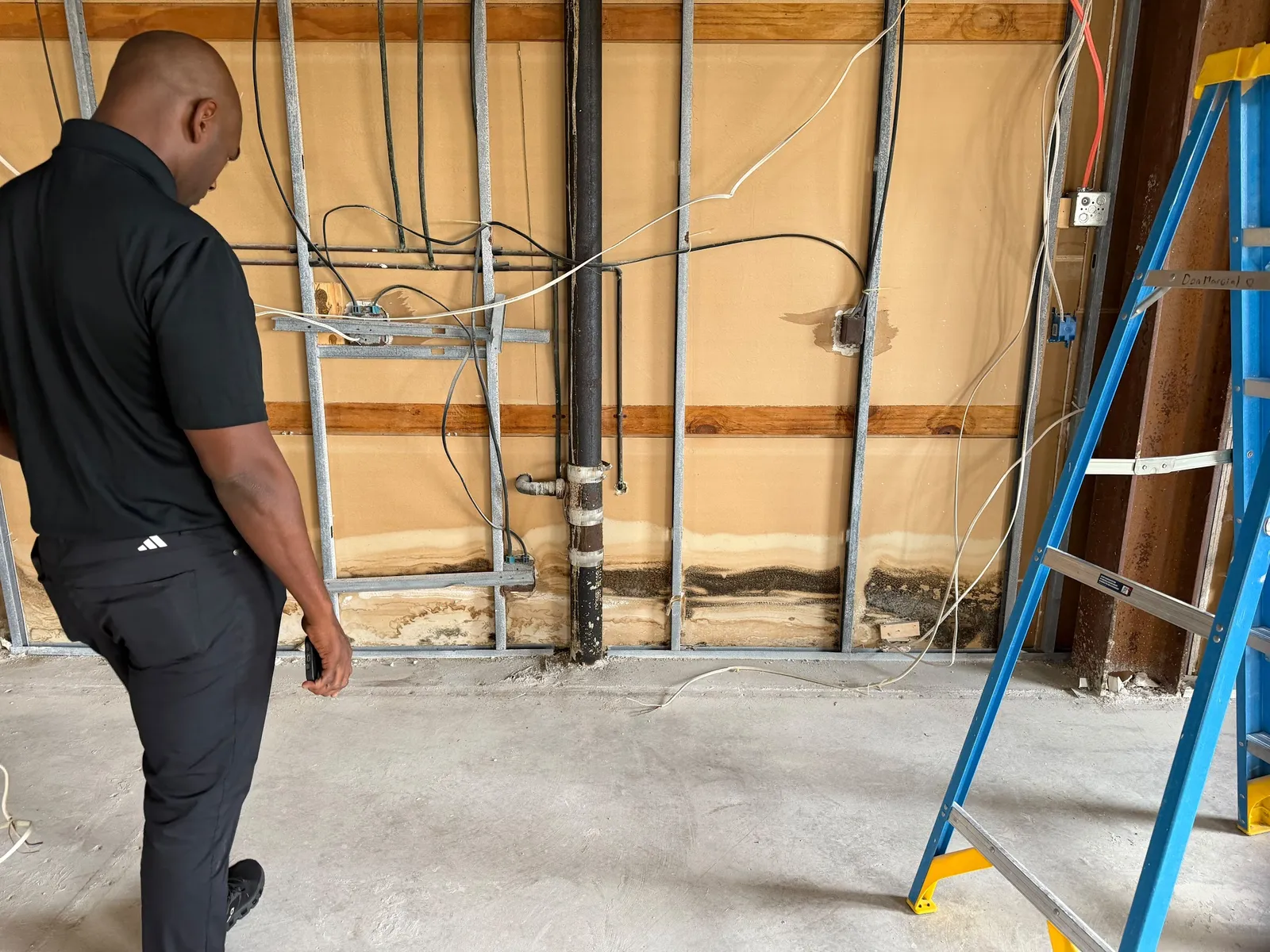 A technician inspects an open wall cavity with visible mold staining along the framing.